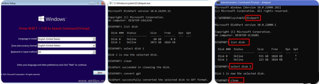Using diskpart command prompt to convert disk to GPT during Windows installation