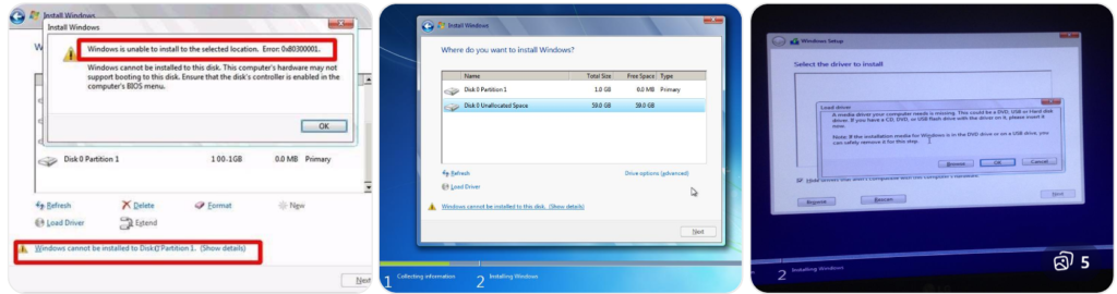 Windows cannot be installed on this disk error message during Windows setup screen