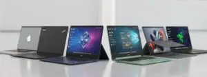 Lineup of laptops from Apple, Lenovo, Dell, HP, ASUS, Acer, Microsoft, Razer