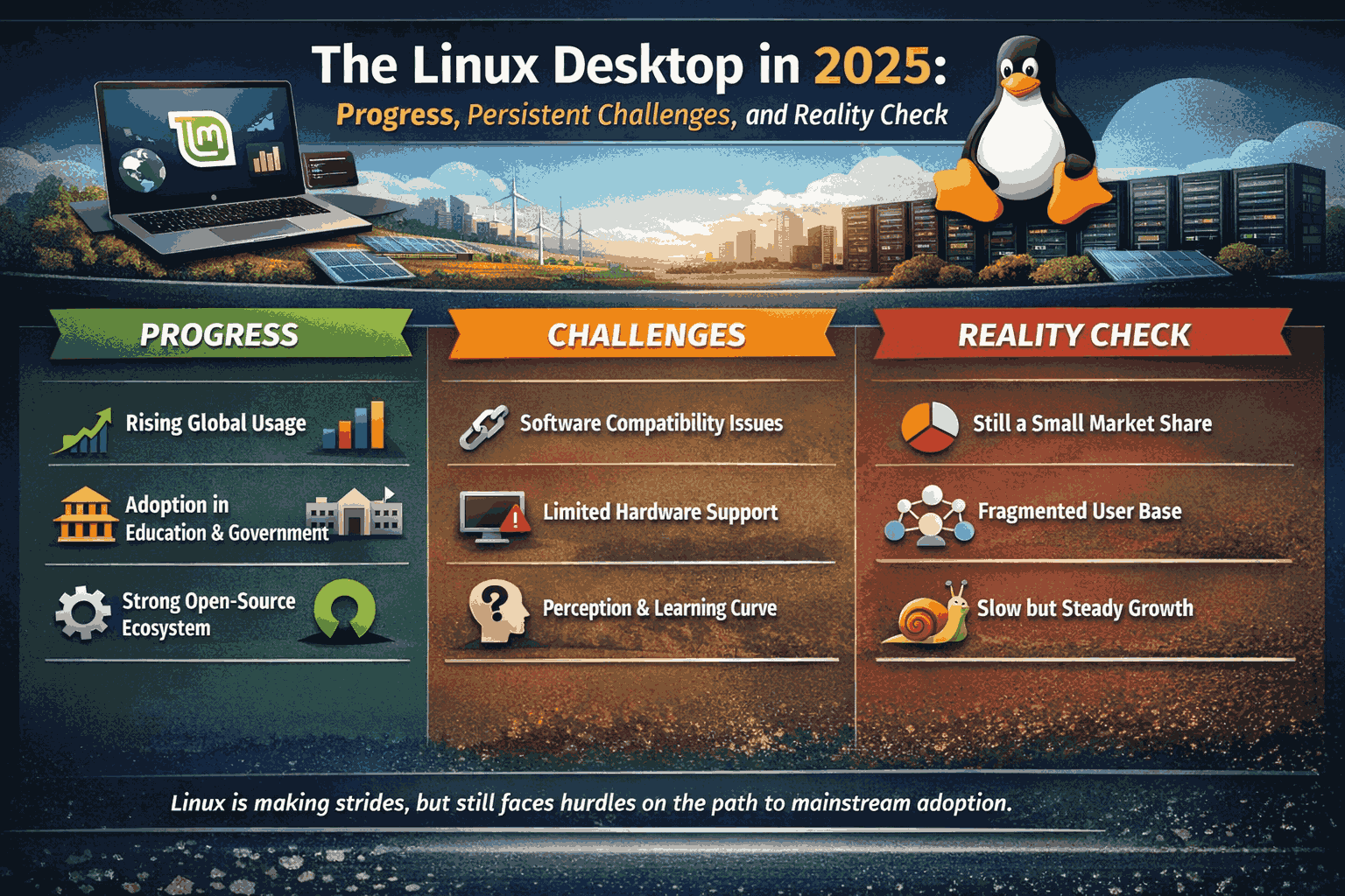 The Linux Desktop in 2025 infographic showing progress, challenges, and reality check with Linux adoption growth, limitations, and market share insights.