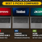 Best laptop under 50000 in 2026 comparison showing Dell 15, Lenovo IdeaPad Slim 3, Lenovo ThinkBook 16, Acer Aspire Lite, and HP 15 side by side.